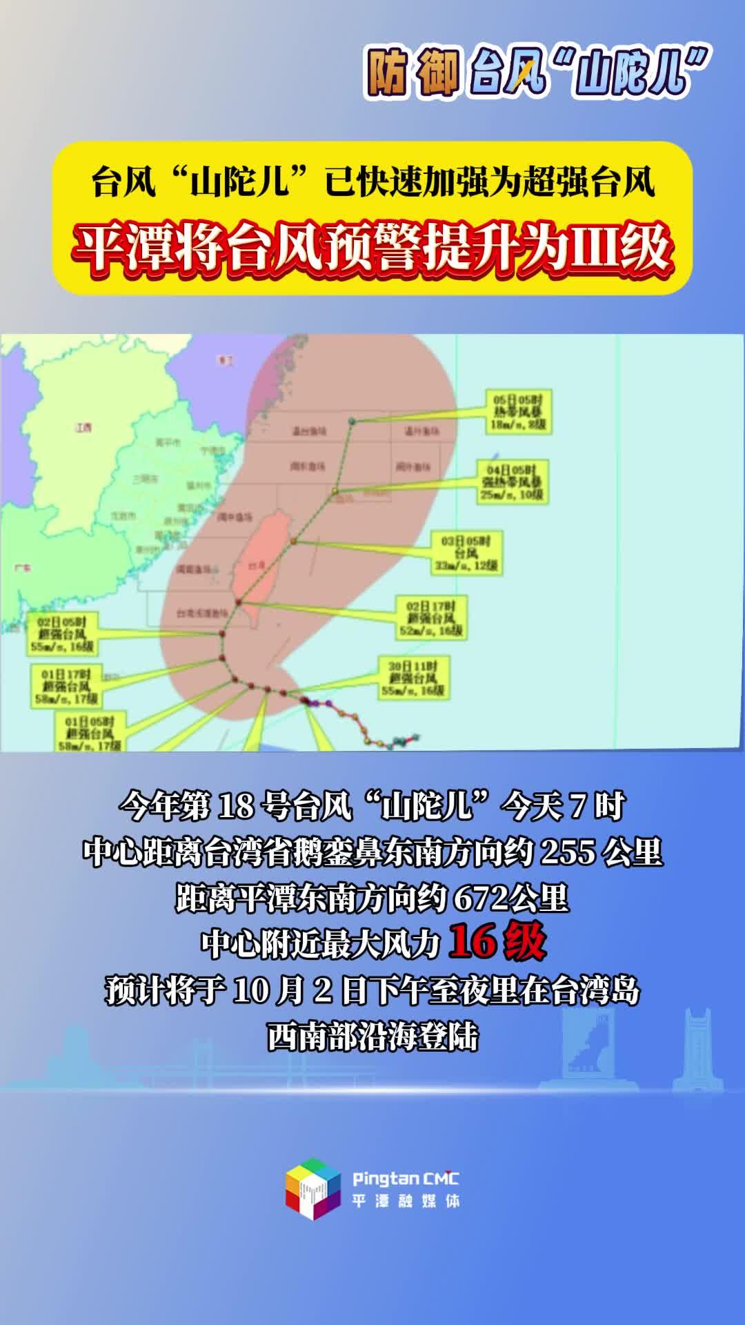 台风“山陀儿”已快速加强为超强台风，平潭将台风预警提升为Ⅲ级